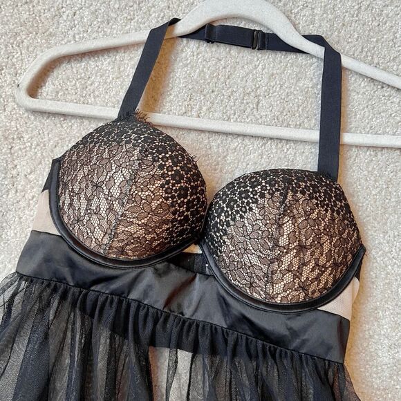Victoria’s Secret Black Lace Babydoll Chemise Bustier Slip 34D Lingerie Sexy - Picture 5 of 9